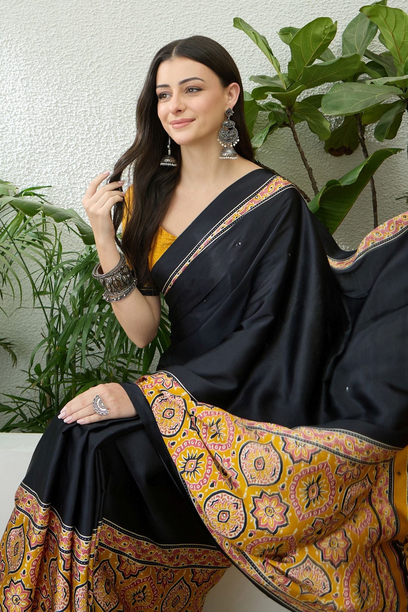 MySilkLove Black Pearl and Yellow Modal Ajrakh Satin Printed Silk Saree
