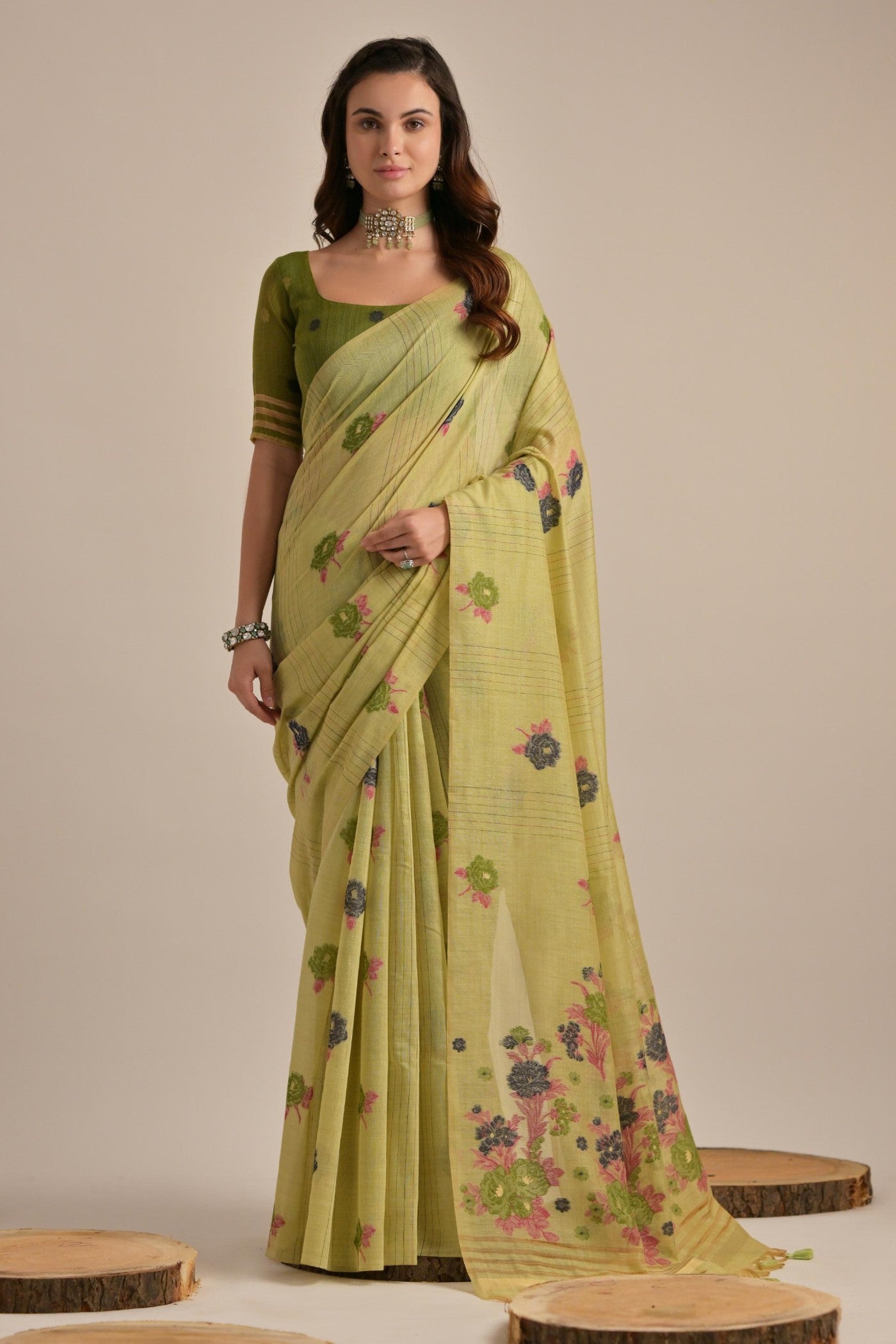 Buy MySilkLove Pea Green Floral Woven Muga Cotton Saree Online