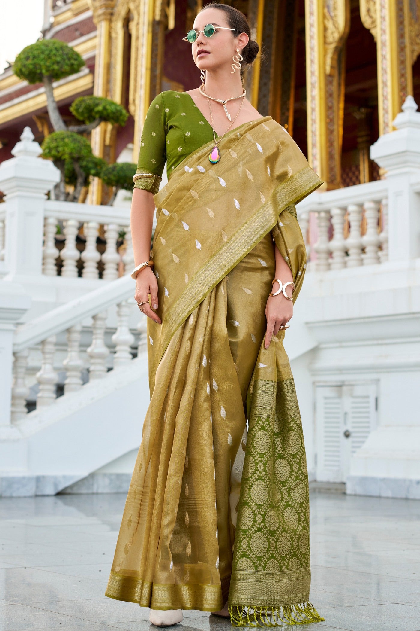 Buy MySilkLove Husk Green Tissue Silk Saree Online