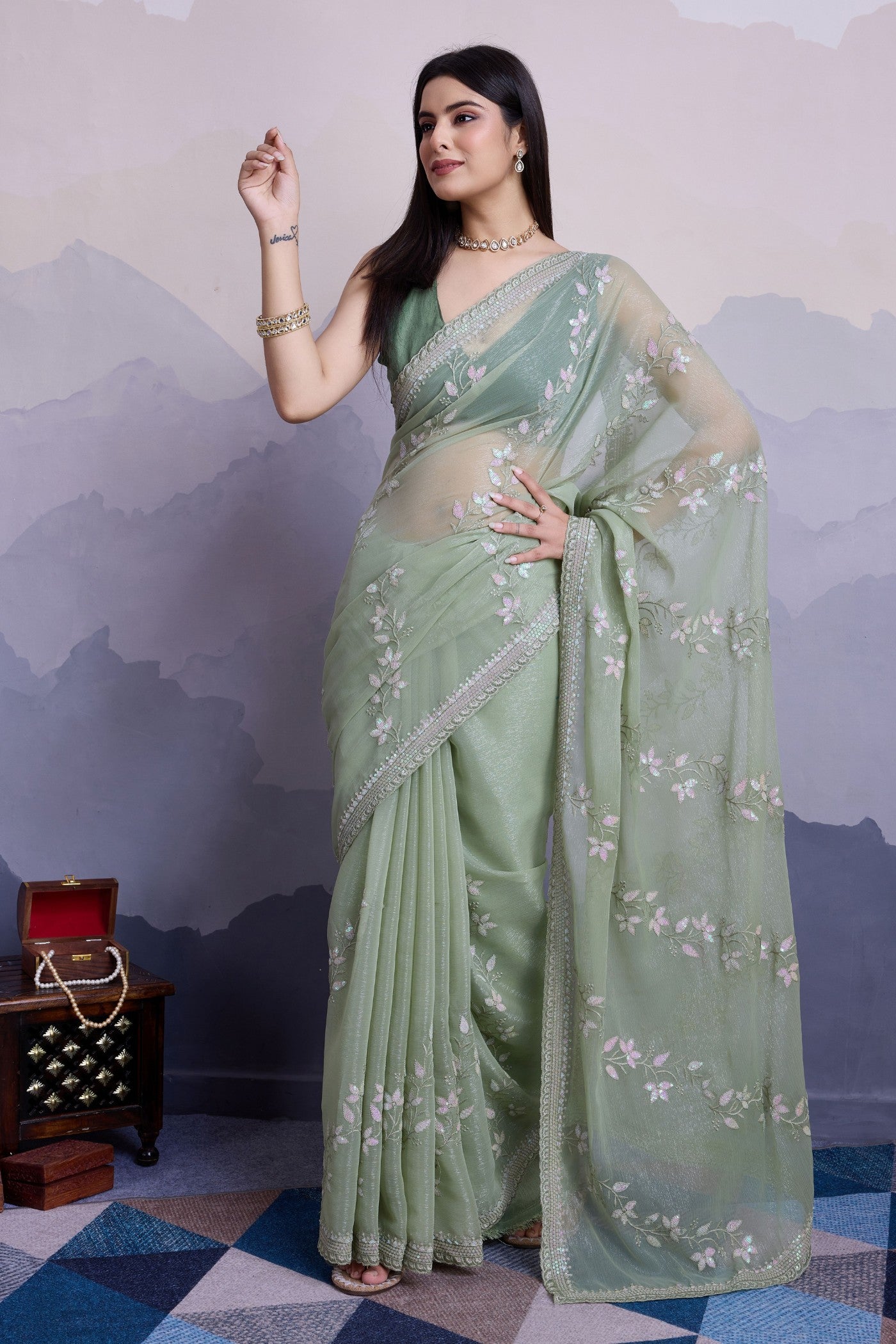 MySilkLove Pastel Green Embroidered Designer Chiffon Saree