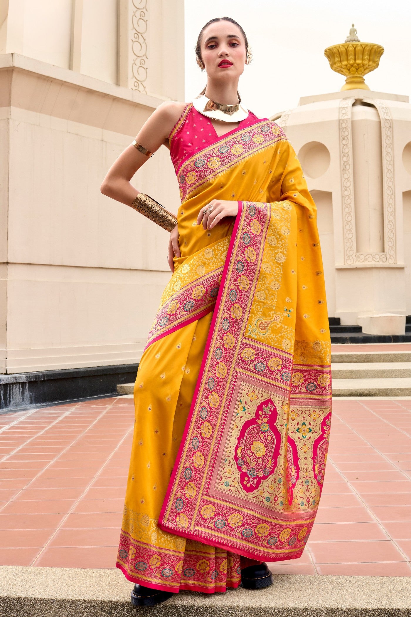 Buy MySilkLove Saffron Mango Yellow Woven Banarasi Saree Online