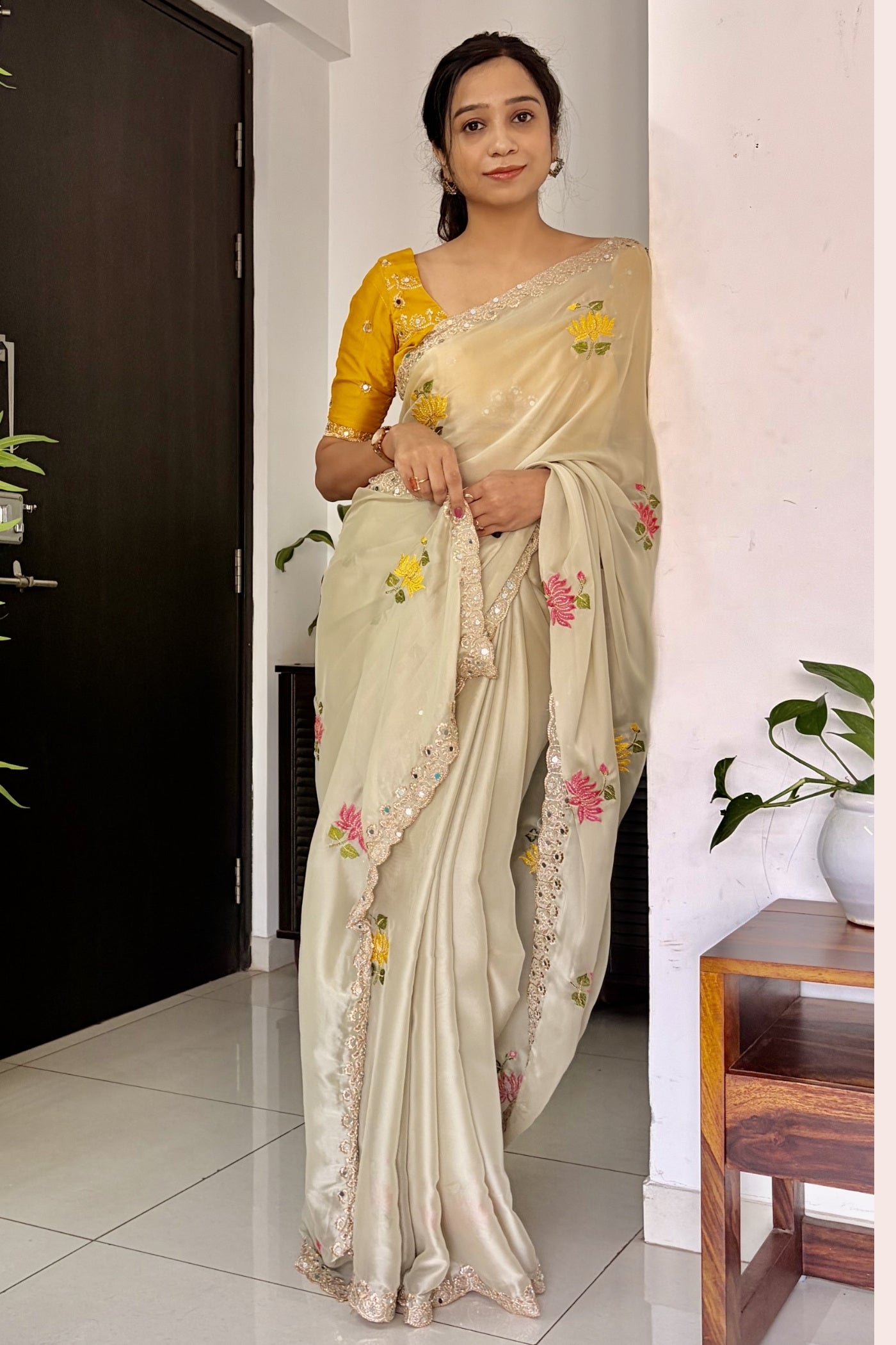 Buy MySilkLove Dutch Cream and Yellow Embroidery Chiffon Floral Saree Online