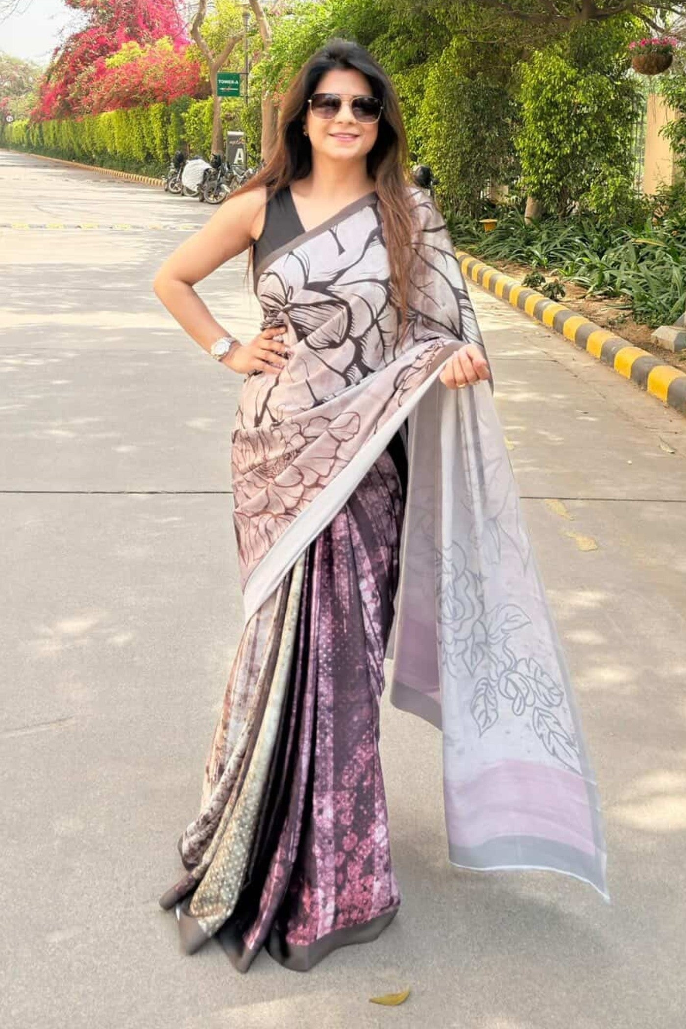 Buy MySilkLove Cadet Grey Printed Satin Silk Saree Online