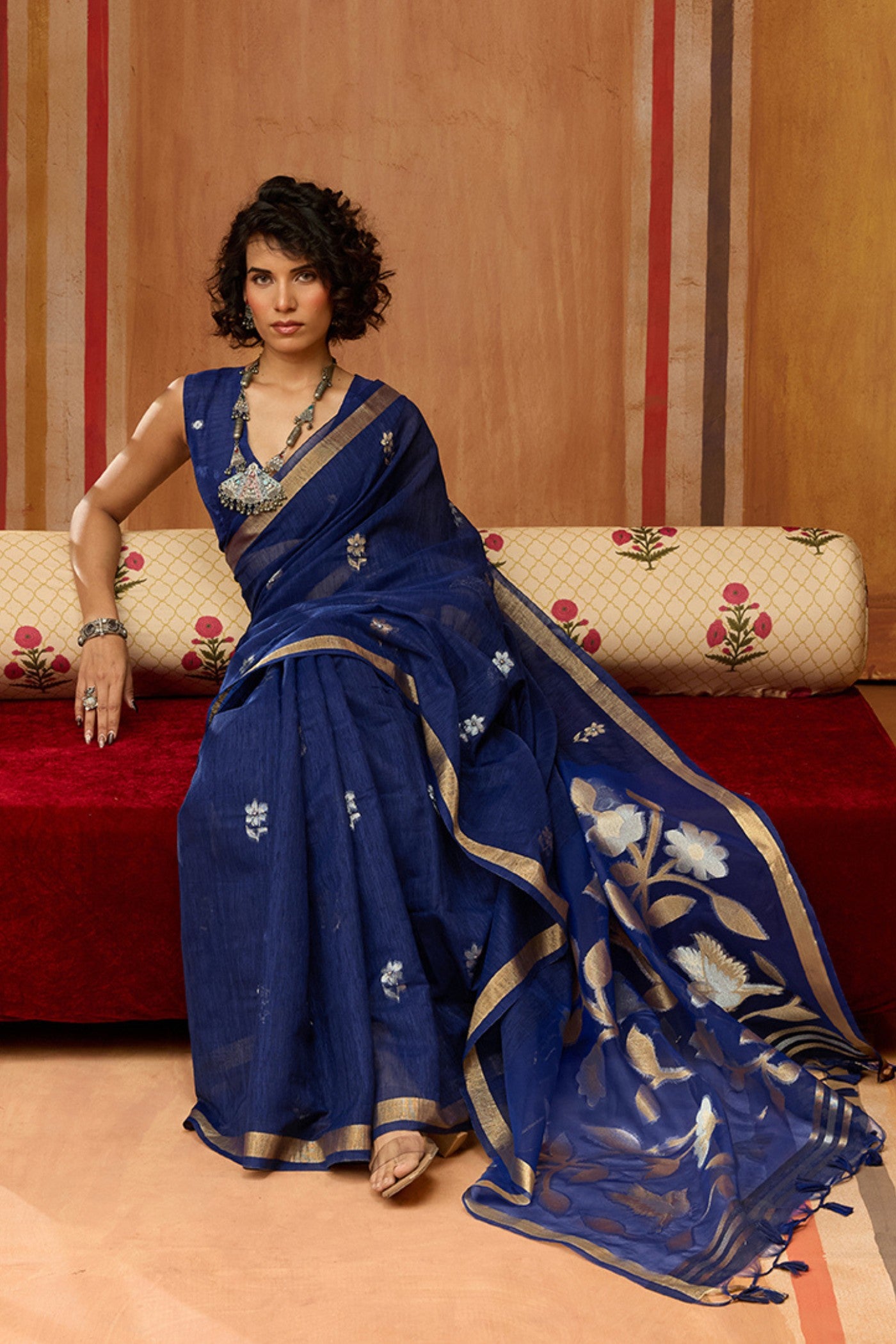 MySilkLove Byzantine Blue Handloom Munga Cotton Saree