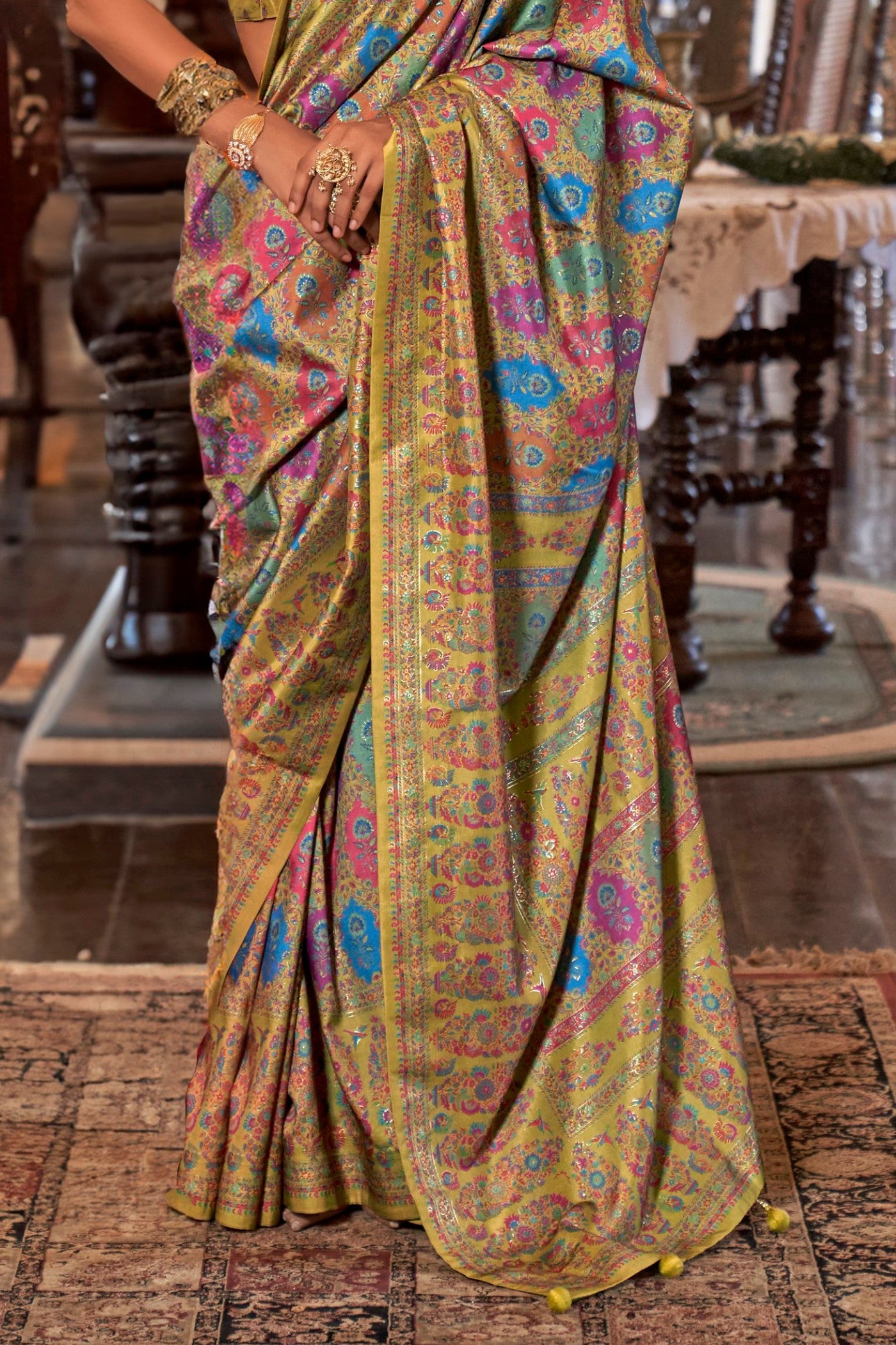 Buy MySilkLove Husk Yellow Printed Jamewar Saree Online