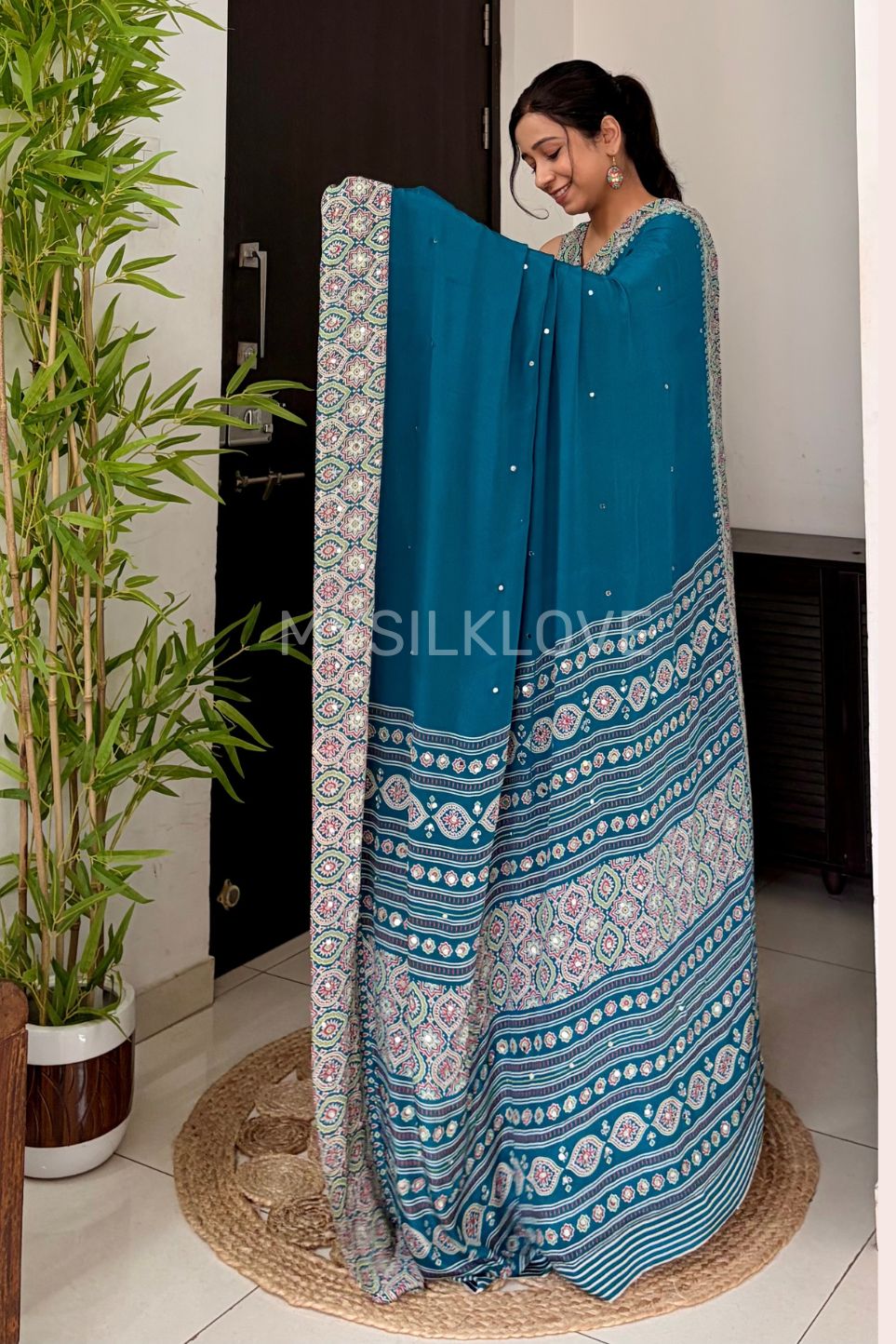 Buy MySilkLove Paris Green Ajrakh Modal Mirror Work Satin Silk Saree Online