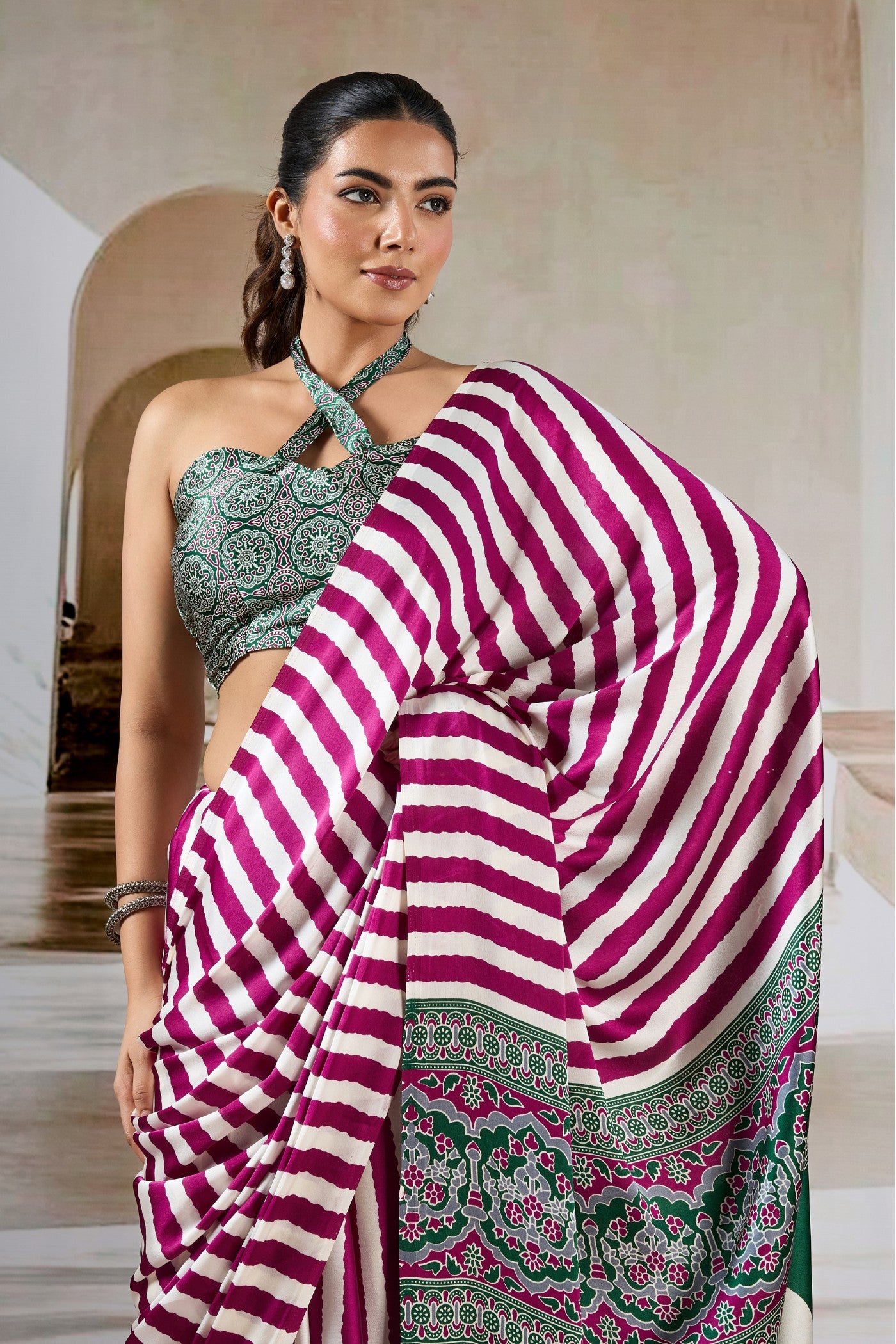 Buy MySilkLove Winter Pink Stripe Ajrakh Printed Satin Crepe Silk Saree Online