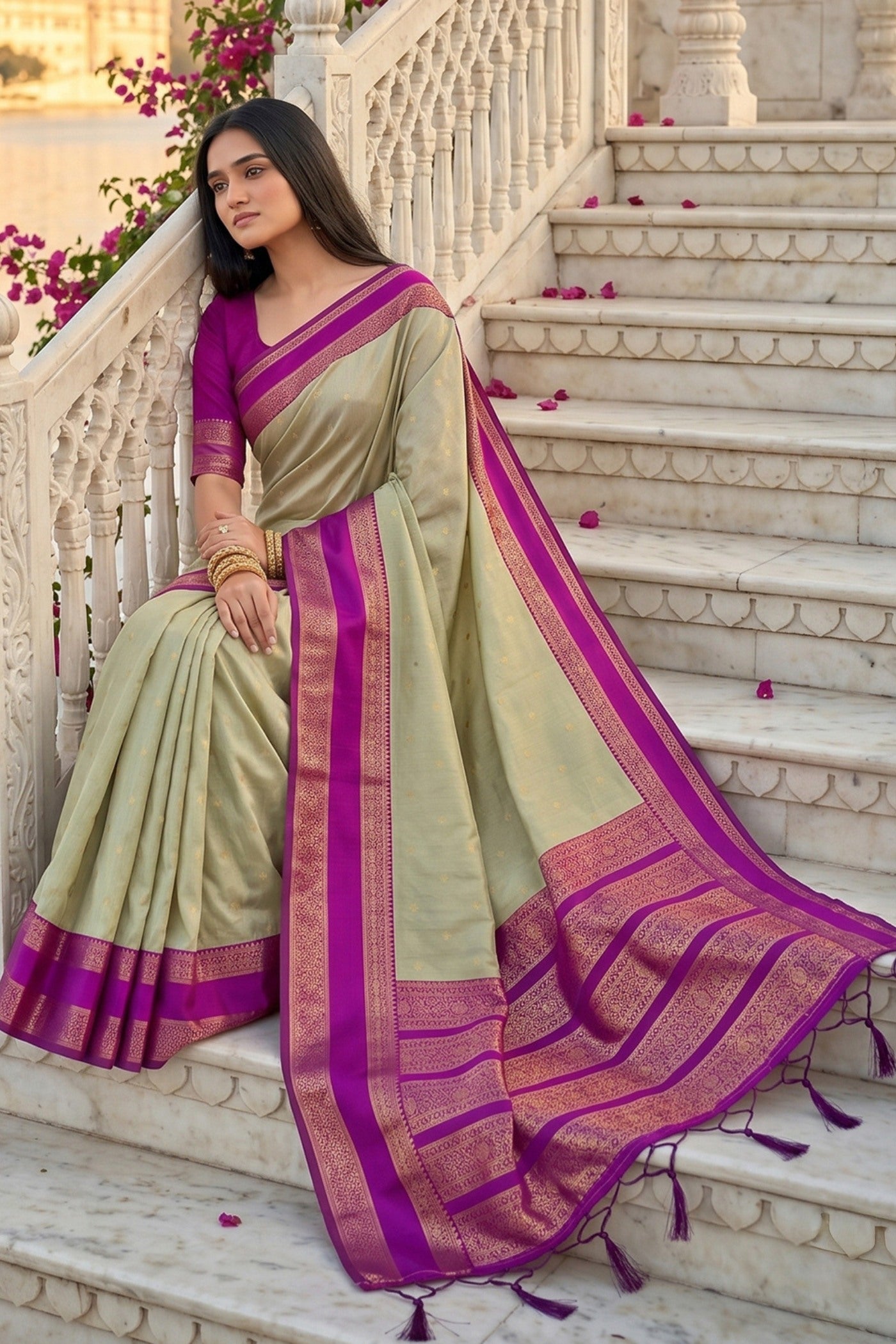 Buy MySilkLove Olive Green and Purple Woven Banarasi Saree Online
