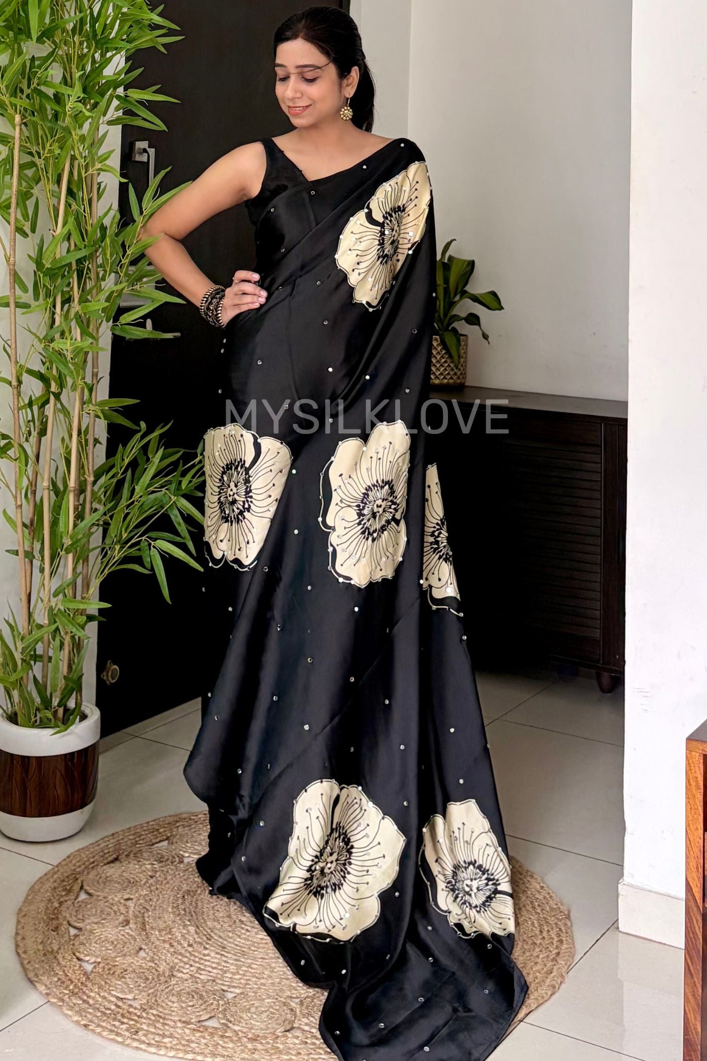 Buy MySilkLove Dusk Black Satin Floral Printed Mirror Work Silk Saree Online