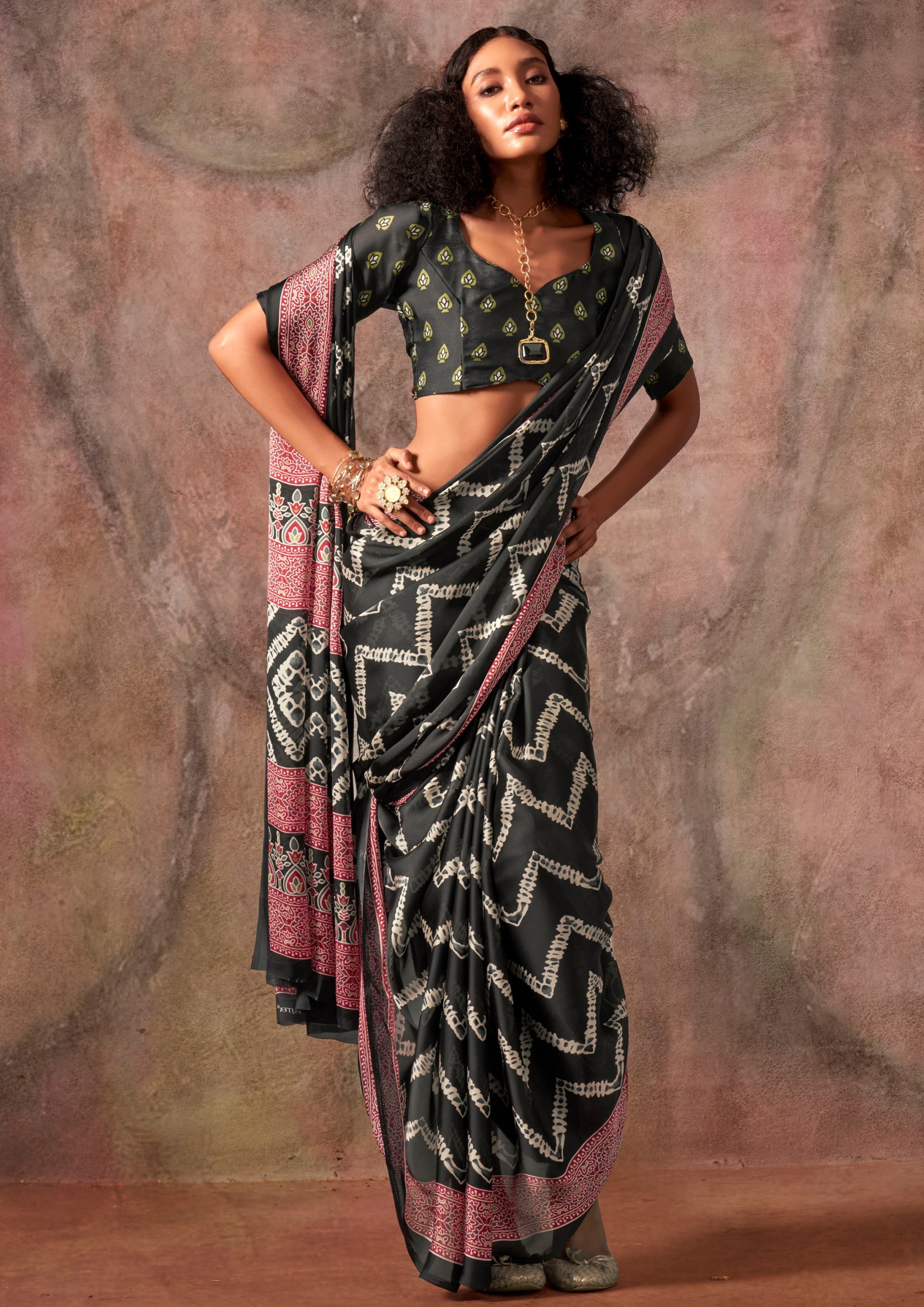 MySilkLove Black Raisins Ajrakh Printed Satin Georgette Silk Saree