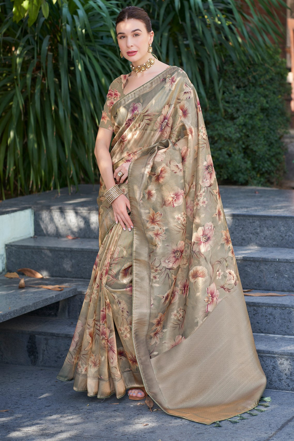 Buy MySilkLove Beaver Brown Digital Printed Organza Saree Online