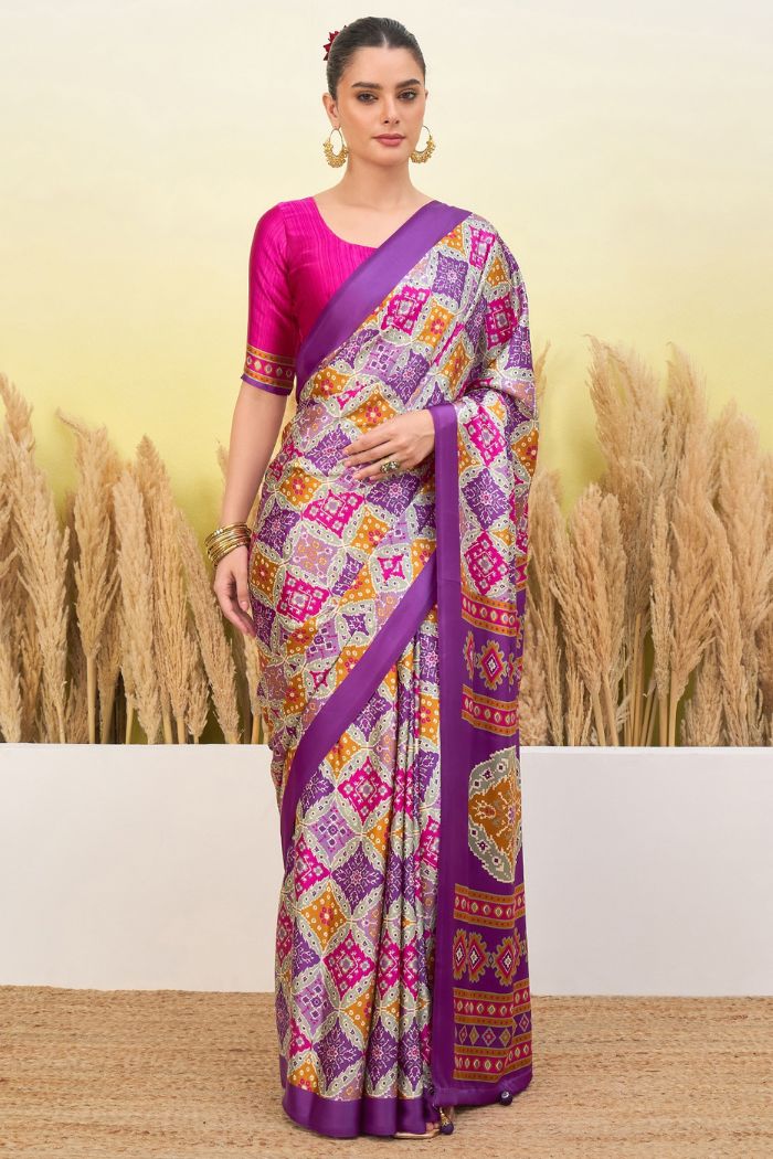 Buy MySilkLove Periwinkle Purple Patola Printed Satin Crepe Silk Saree Online