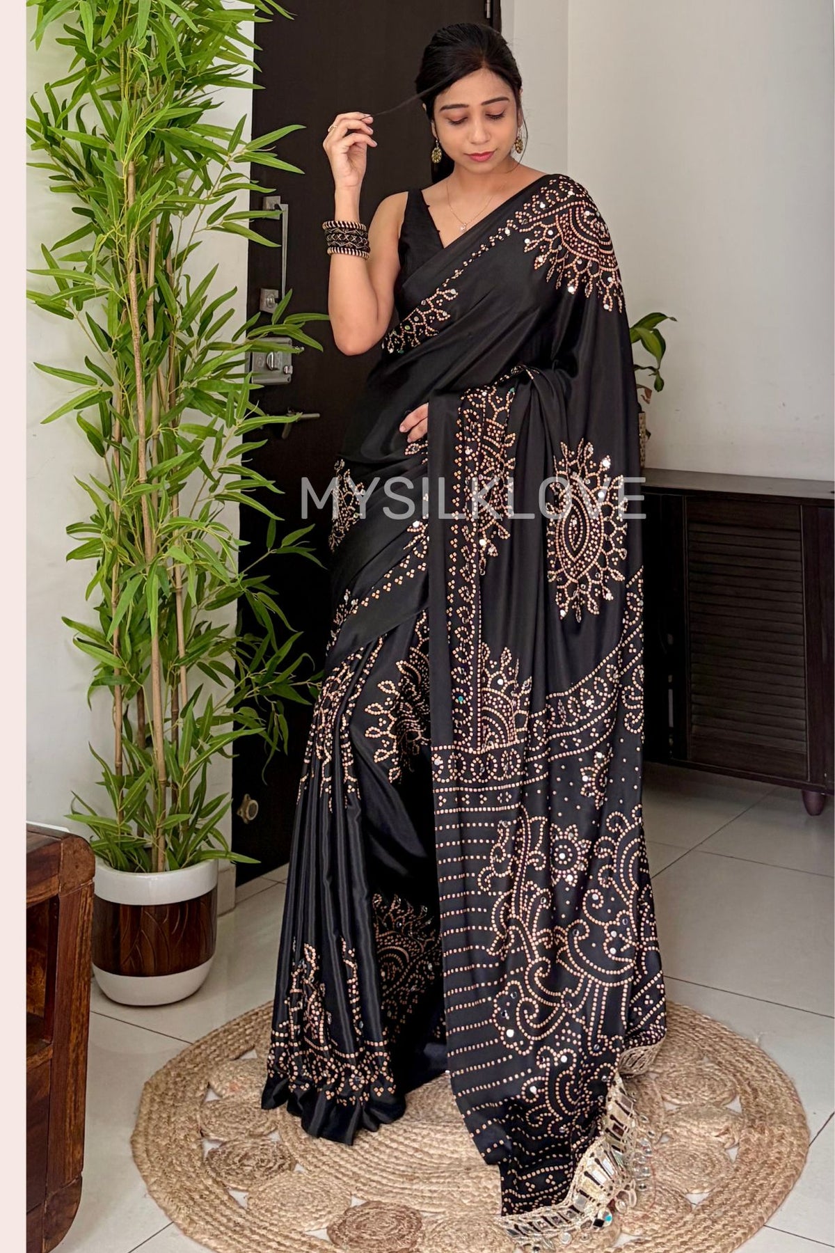 Buy MySilkLove Black Bean Bandhani Gaji Satin Mirror Work Silk Crepe Saree Online