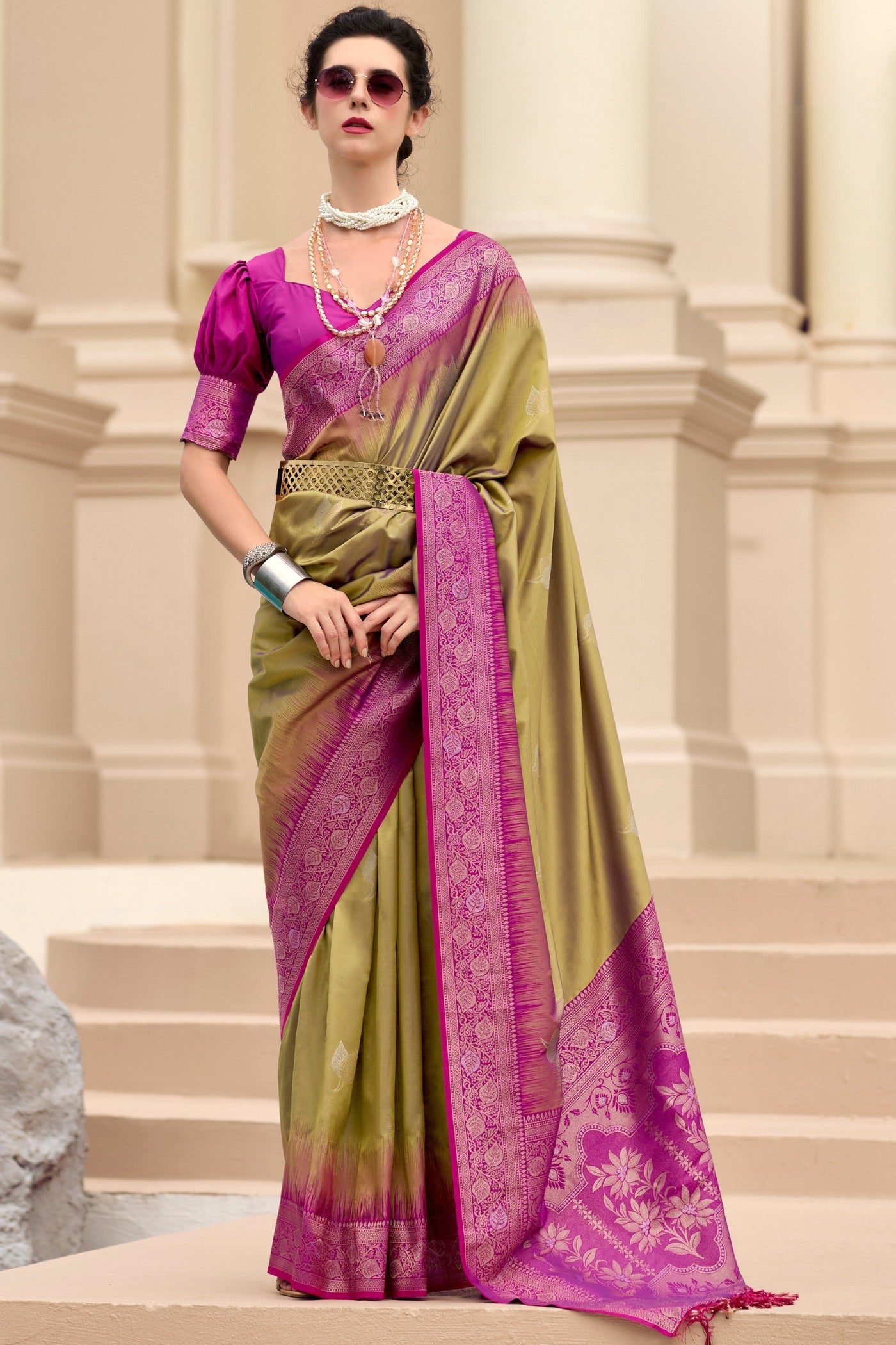 Buy MySilkLove Metallic Green Woven Banarasi Soft Silk Saree Online