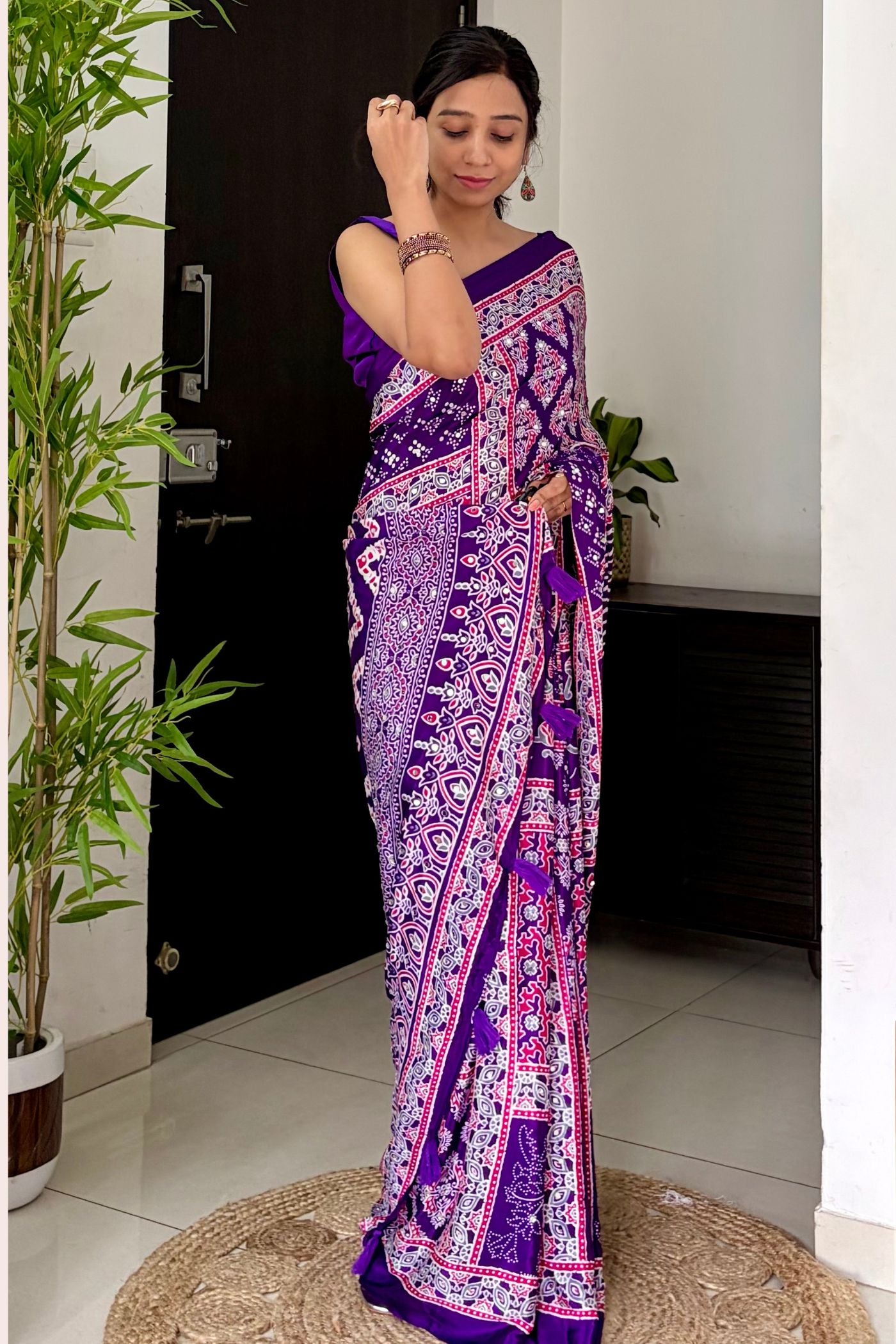 Buy MySilkLove Insolent Purple Ajrakh Satin Printed Mirror Work Saree Online