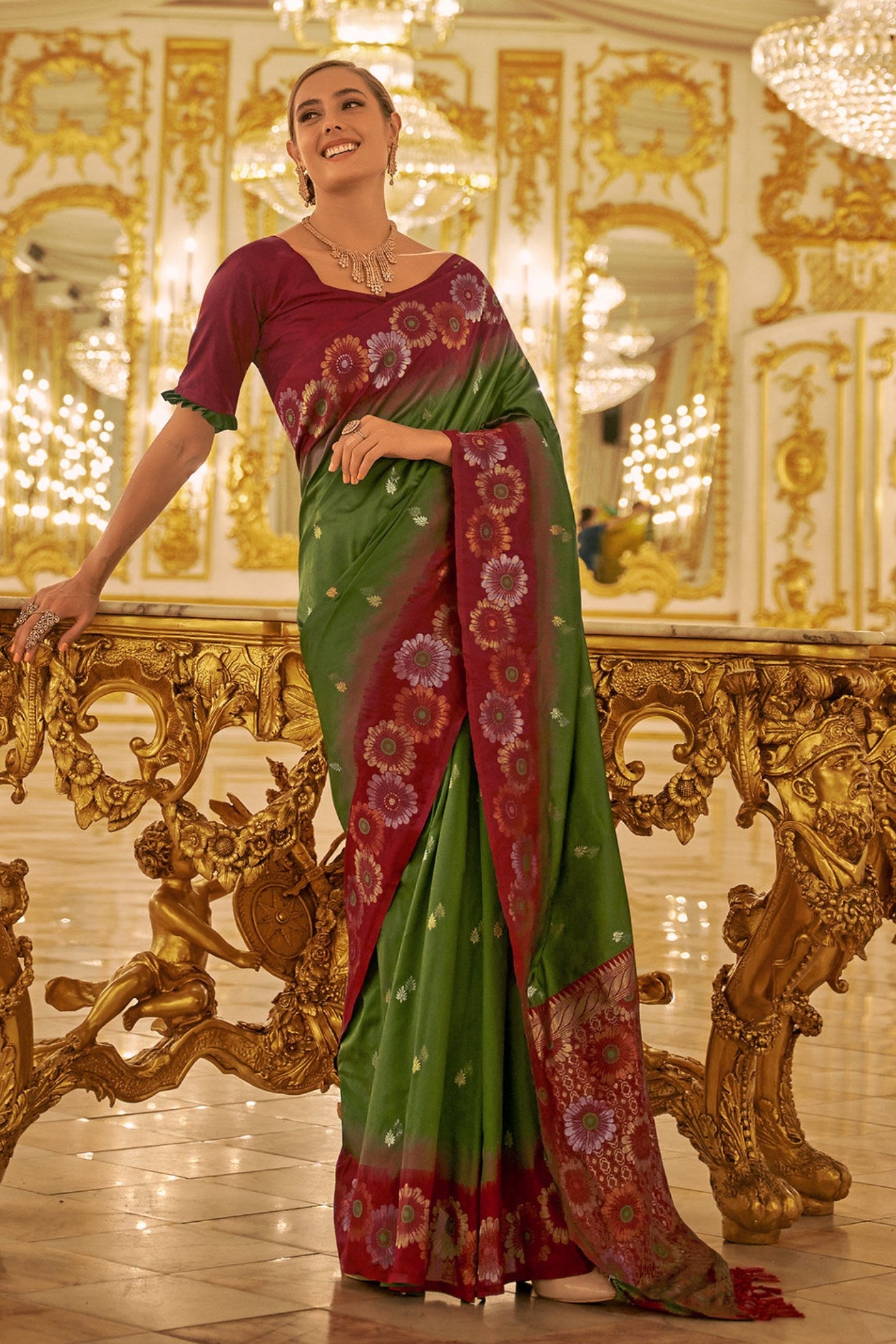 Buy MySilkLove Dark Leaf Green Woven Banarasi Saree Online