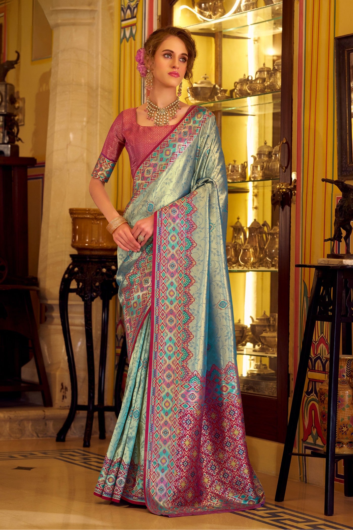 Buy MySilkLove Blue Dewdrop Woven Tissue Patola Silk Saree Online