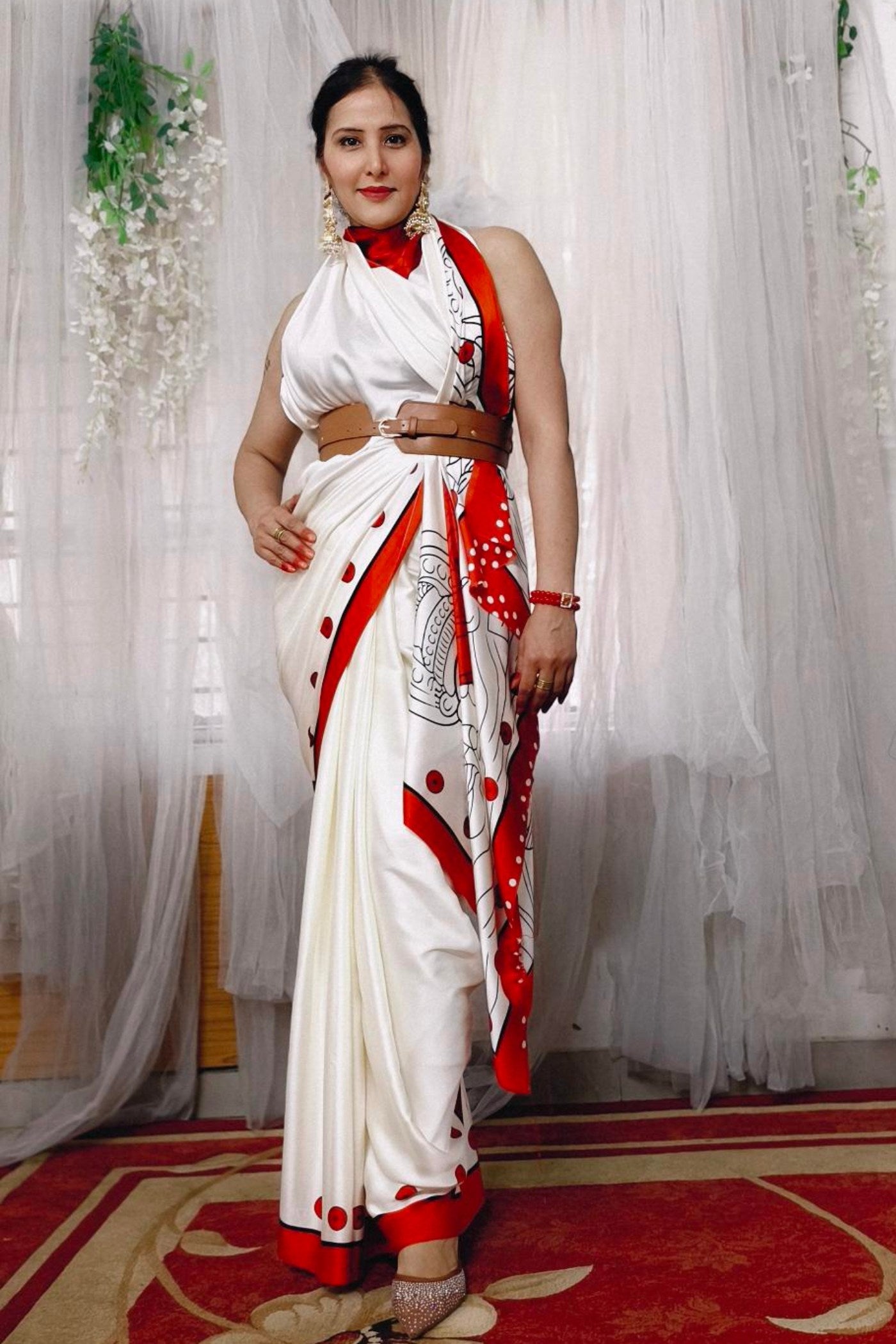 Buy MySilkLove Foggy White and Red Printed Satin Crepe Silk Saree Online