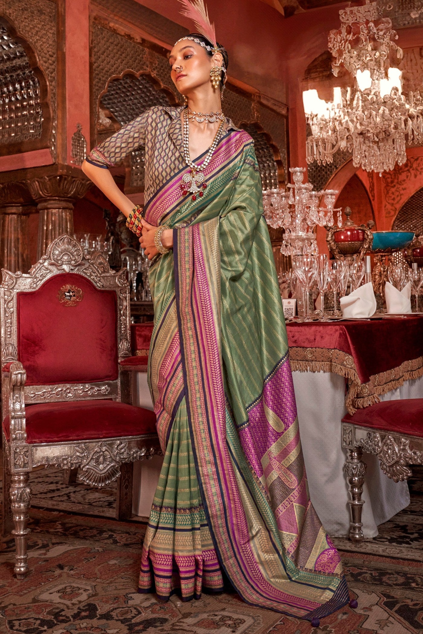 Buy MySilkLove Pesto Green Printed Patola Saree Online