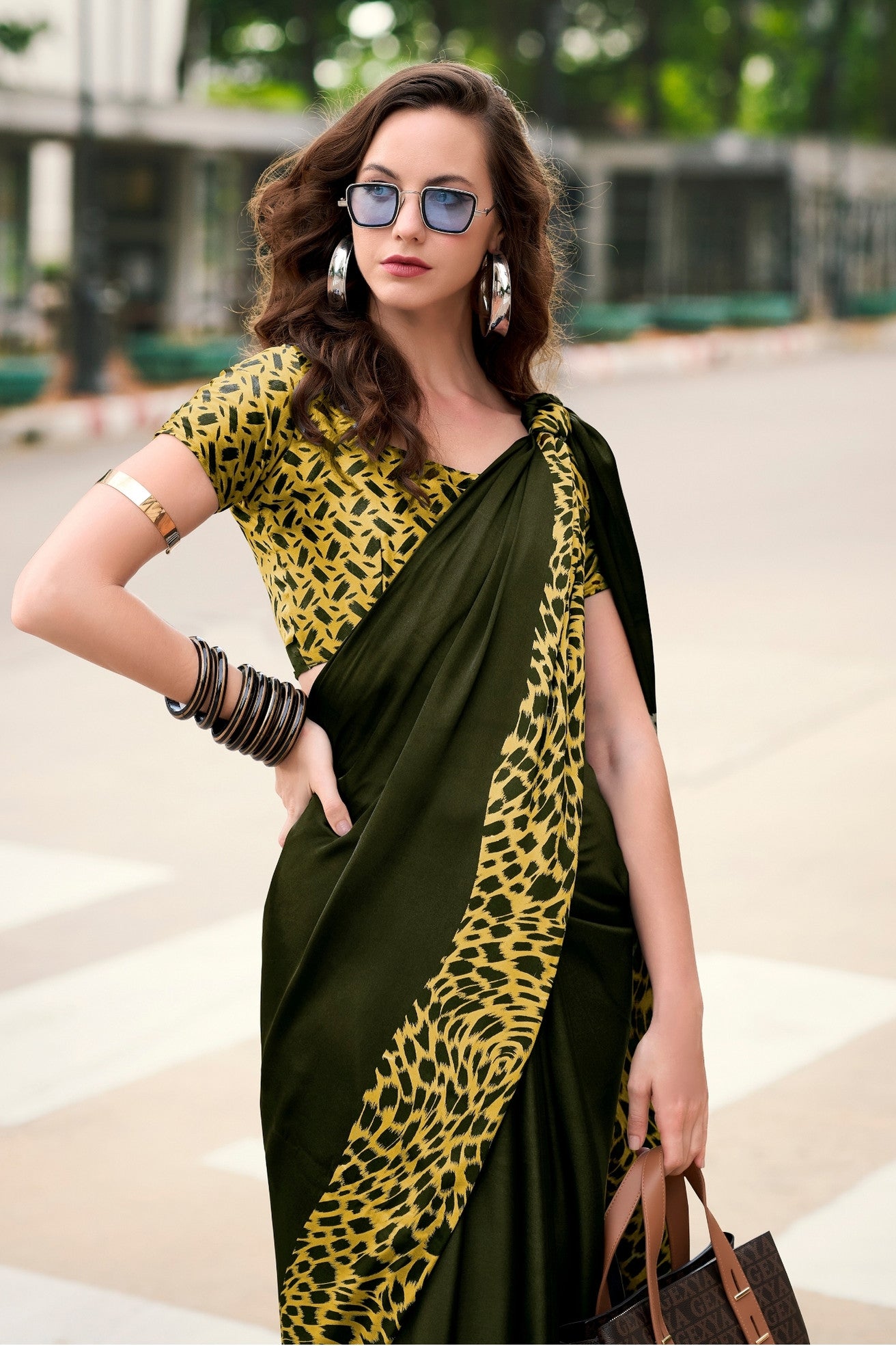 MySilkLove Shark Green Printed Satin Crepe Saree