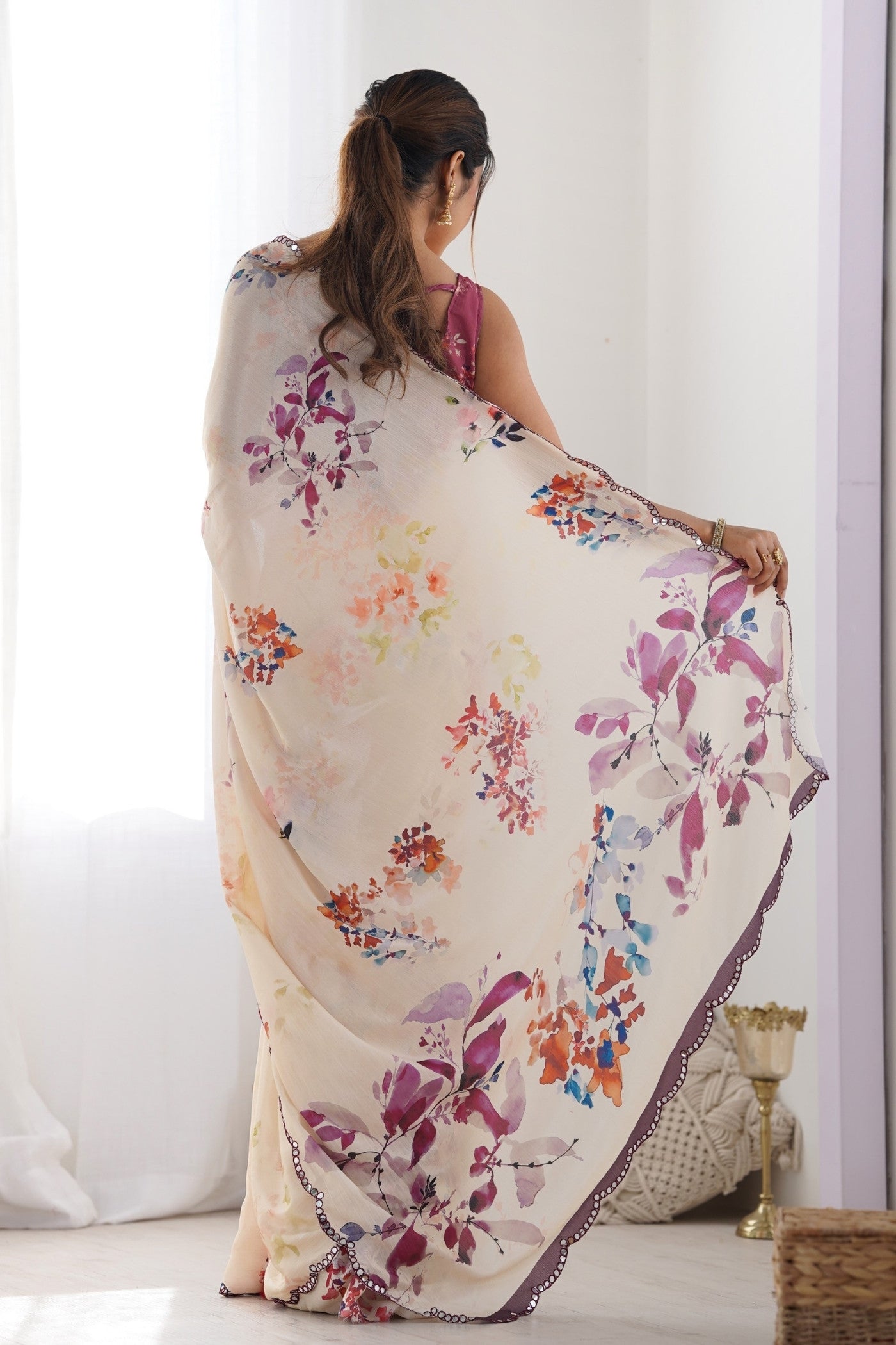 Buy MySilkLove Vanila Cream Digital Printed Chinon Saree Online