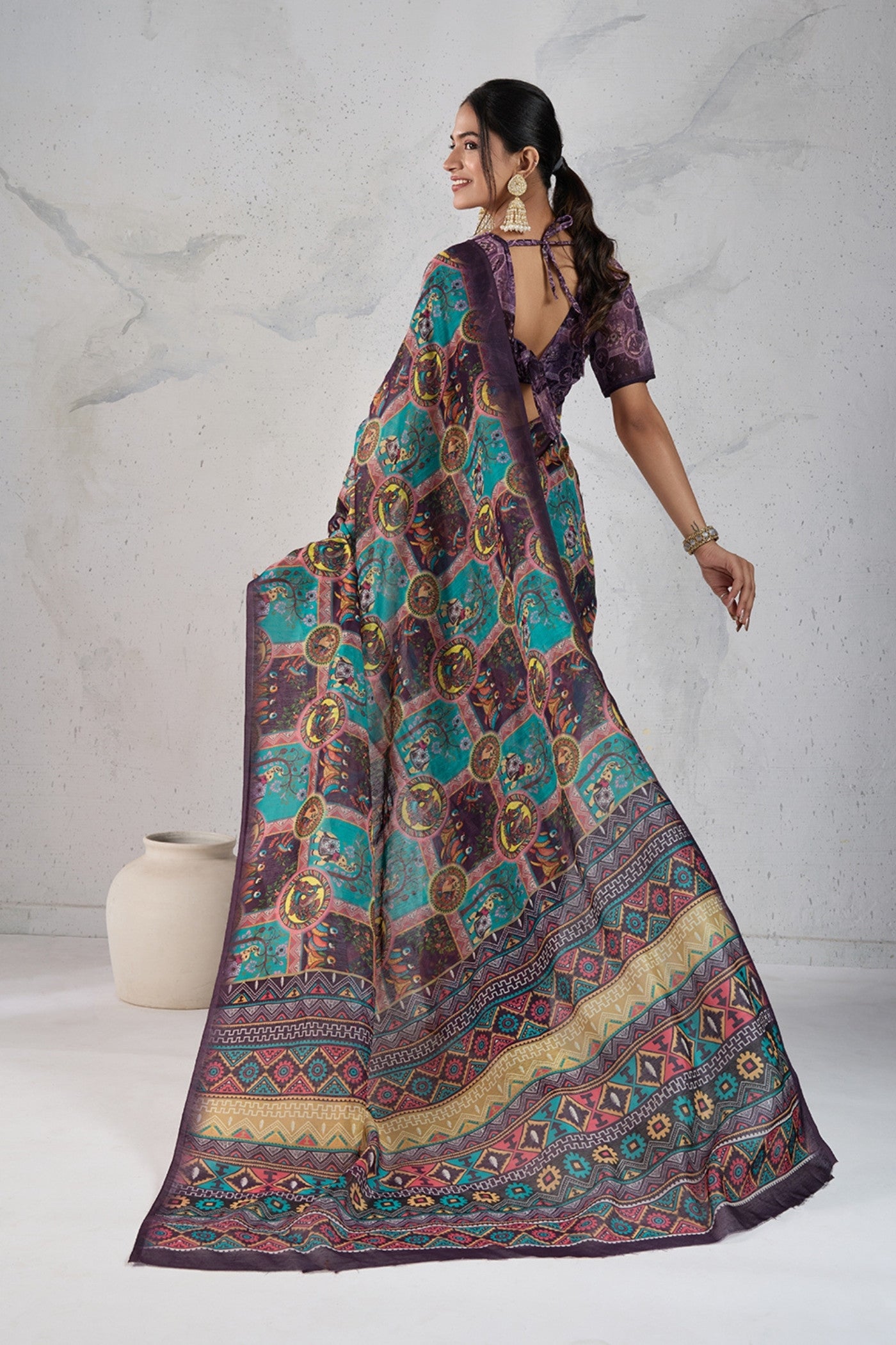 Buy MySilkLove Dull Blue Digital Printed Saree Online