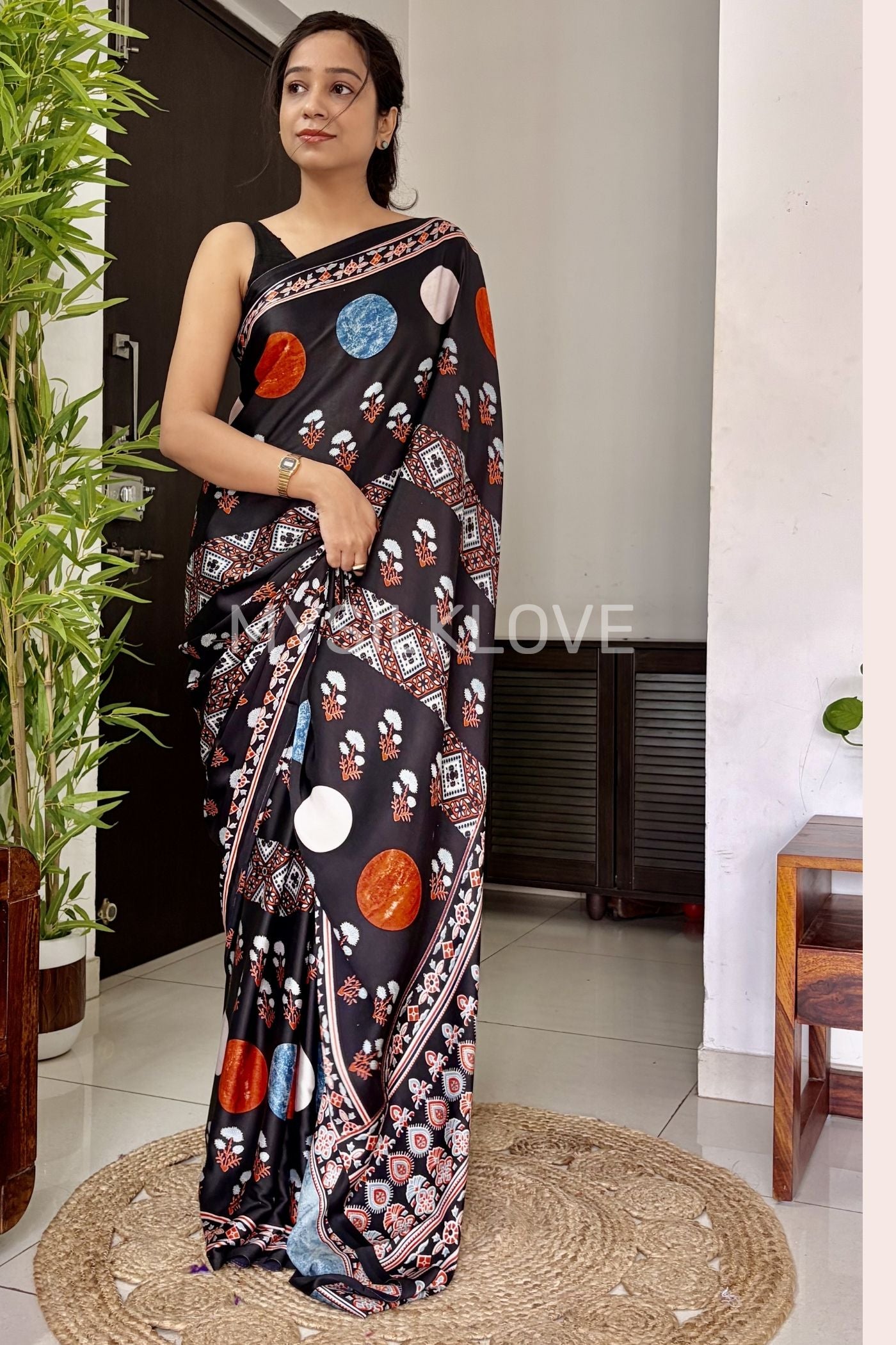 Buy MySilkLove Anthracite Black Printed Polka Dots Satin Crepe Saree Online