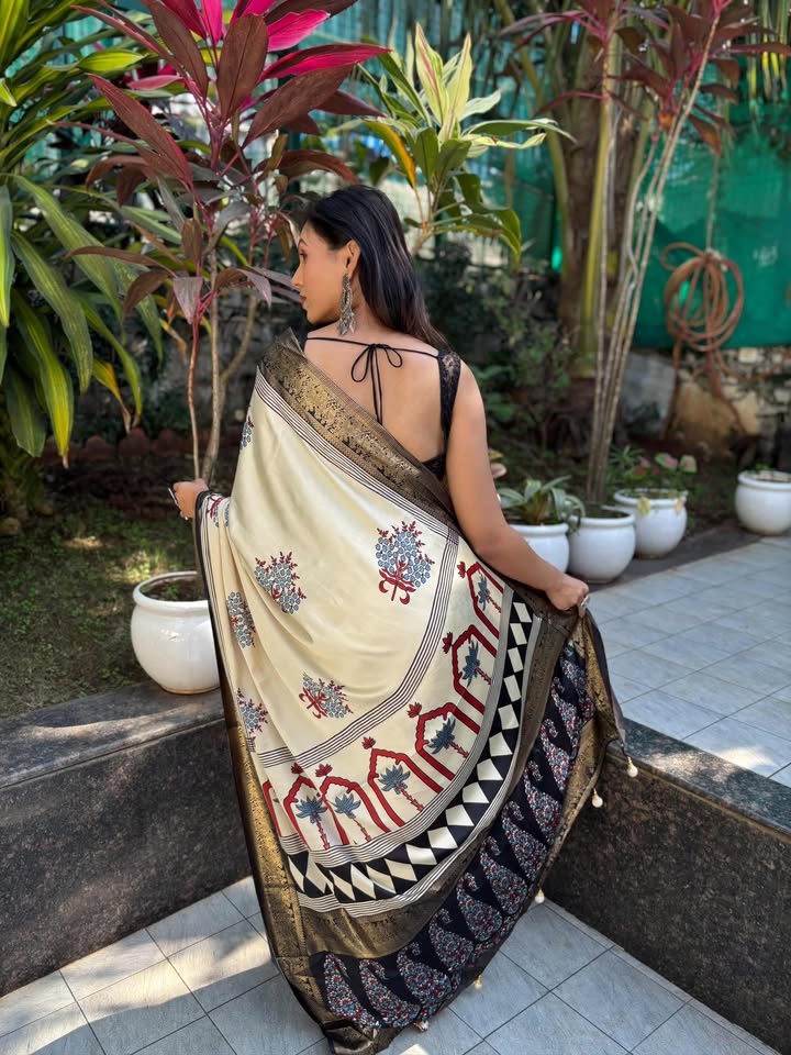 Buy MySilkLove Wheat Cream and Black Printed Satin Crepe Silk Saree Online