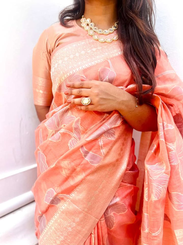 Buy MySilkLove Tonys Peach Woven Banarasi Linen Saree Online