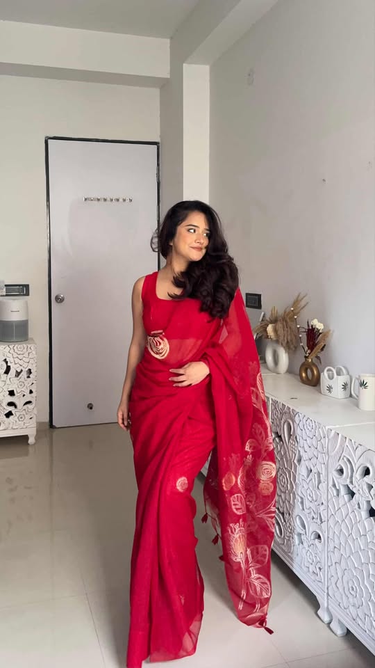 Buy MySilkLove Fire Rose Red Munga Handloom Cotton Saree Online