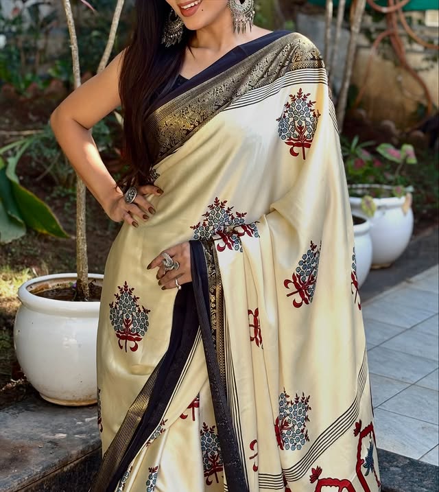 Buy MySilkLove Butter Cream and Black Printed Satin Crepe Silk Saree Online