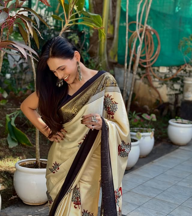 Buy MySilkLove Butter Cream and Black Printed Satin Crepe Silk Saree Online