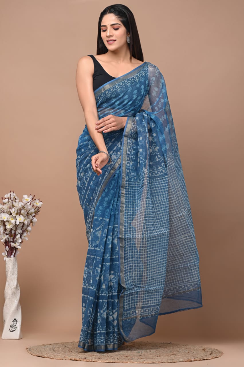 Buy MySilkLove Wedgewood Blue Handblock Kota Doriya Saree Online