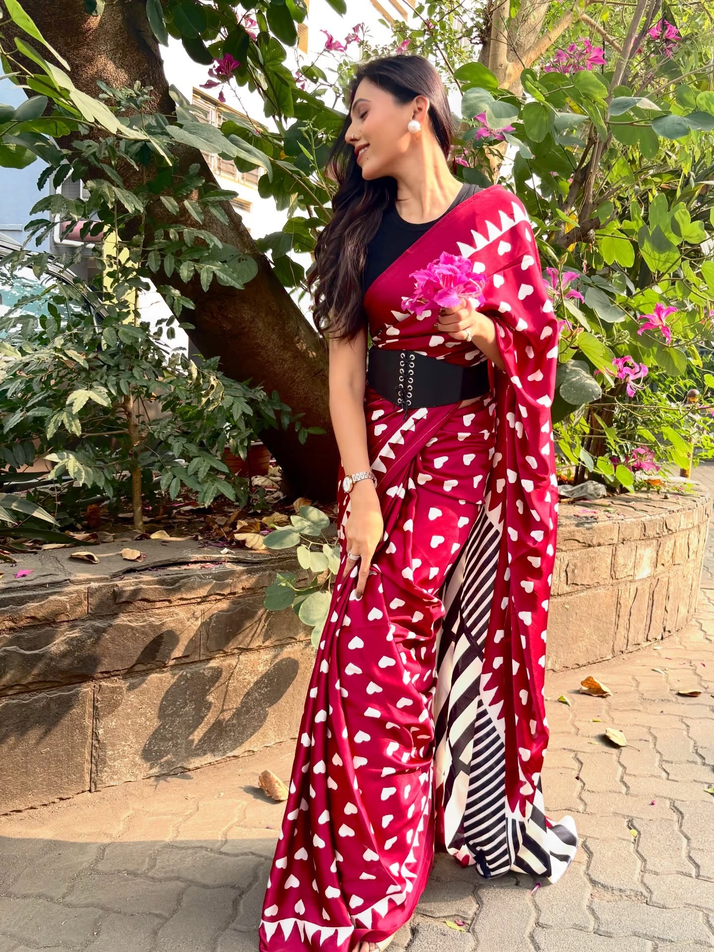 Buy MySilkLove Cherry Red Heart Shaped Printed Satin Crepe Silk Saree Online