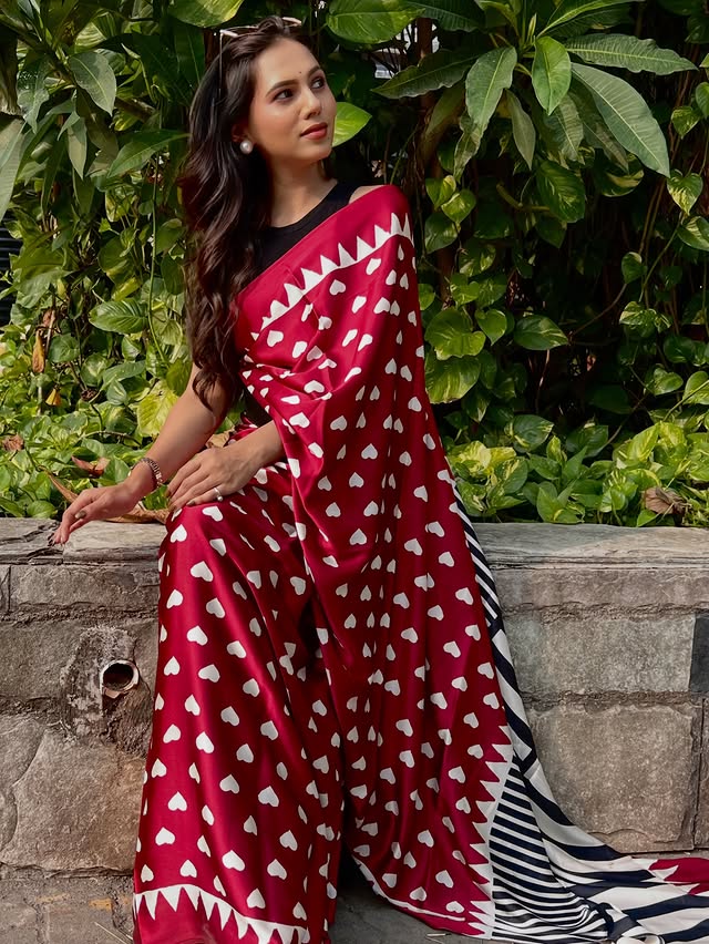 Buy MySilkLove Cherry Red Heart Shaped Printed Satin Crepe Silk Saree Online