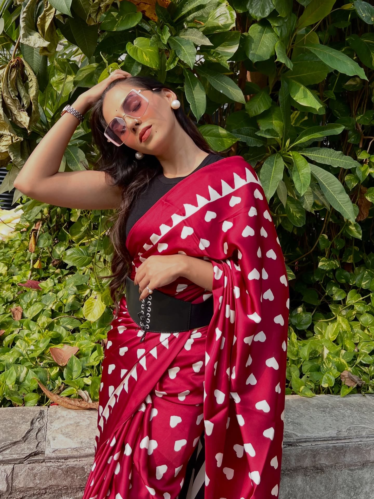 Buy MySilkLove Cherry Red Heart Shaped Printed Satin Crepe Silk Saree Online