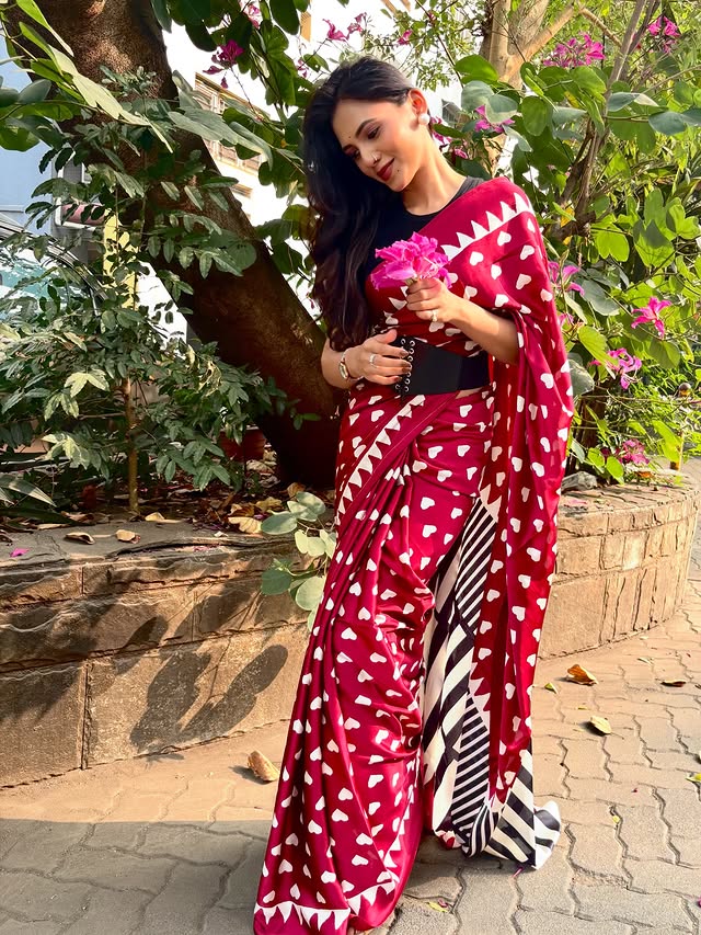 Buy MySilkLove Cherry Red Heart Shaped Printed Satin Crepe Silk Saree Online