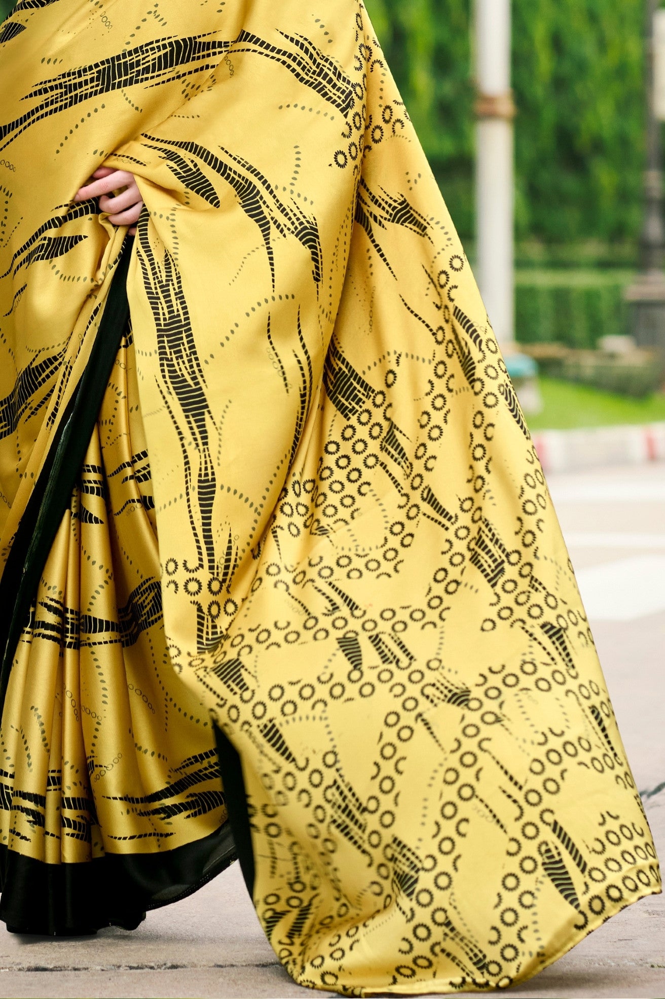 Buy MySilkLove Butter Yellow Printed Satin Crepe Saree Online