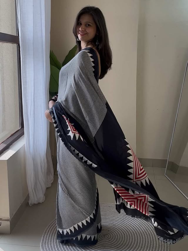 MySilkLove Jet Black Stripe Ajrakh Printed Satin Crepe Silk Saree