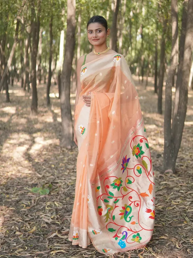 Buy MySilkLove Burnt Orange Organza Woven Paithani Saree Online