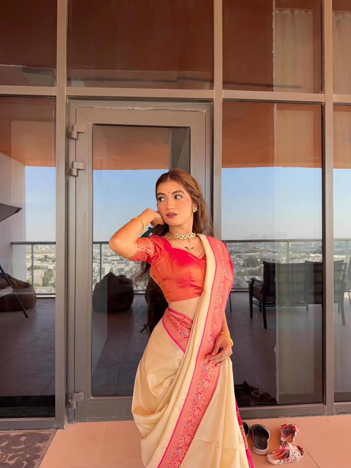 Buy MySilkLove Vanilla Cream Woven Banarasi Soft Silk Saree Online