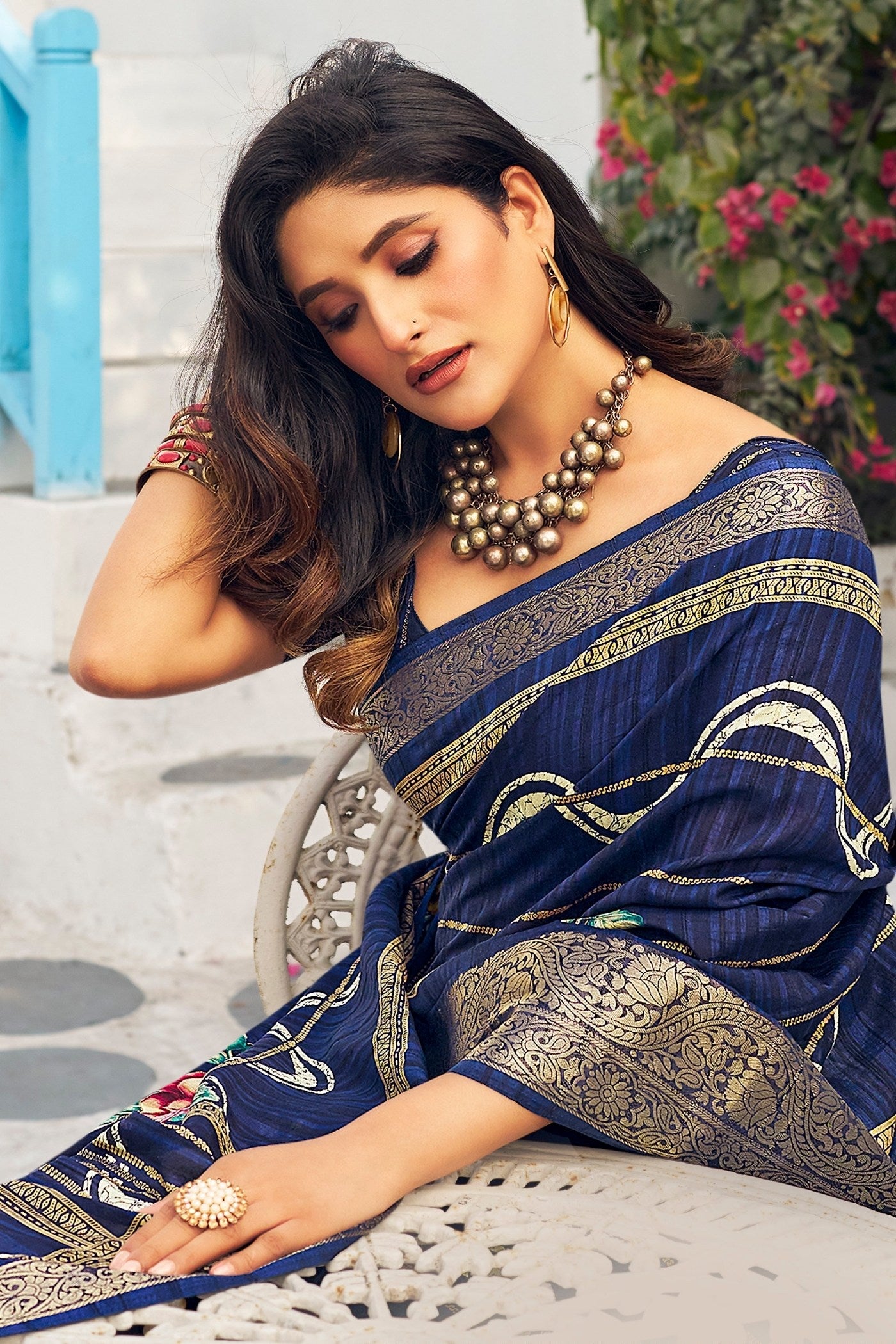 MySilkLove Cloud Burst Blue Banarasi Printed Saree