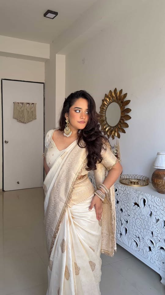 Buy MySilkLove Floral White Woven Banarasi Satin Silk Saree Online