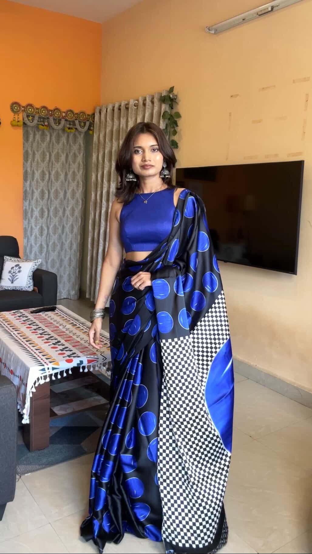 MySilkLove Cobalt Blue Printed Polka Dots Satin Crepe Saree