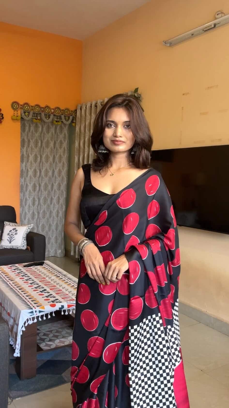 MySilkLove Carlo Red Printed Polka Dots Satin Crepe Saree