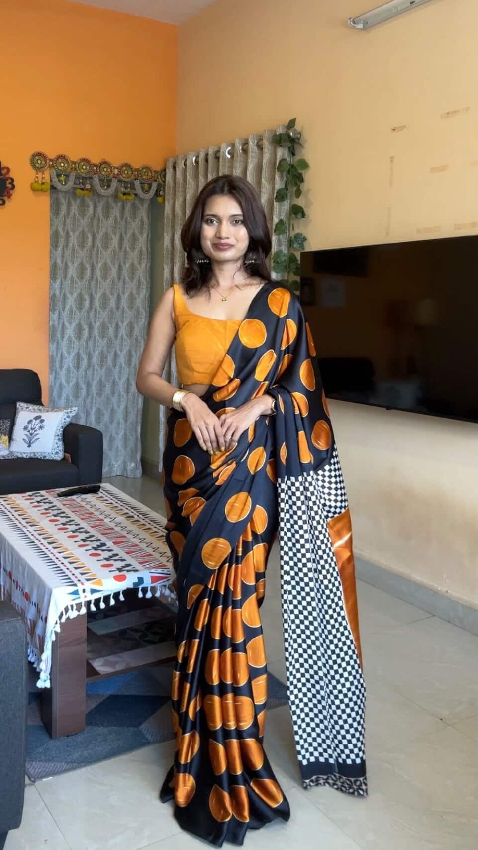 Buy MySilkLove Neon Orange Printed Polka Dots Satin Crepe Saree Online