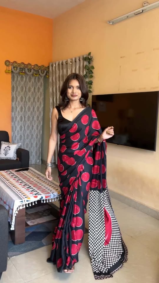 Buy MySilkLove Carlo Red Printed Polka Dots Satin Crepe Saree Online