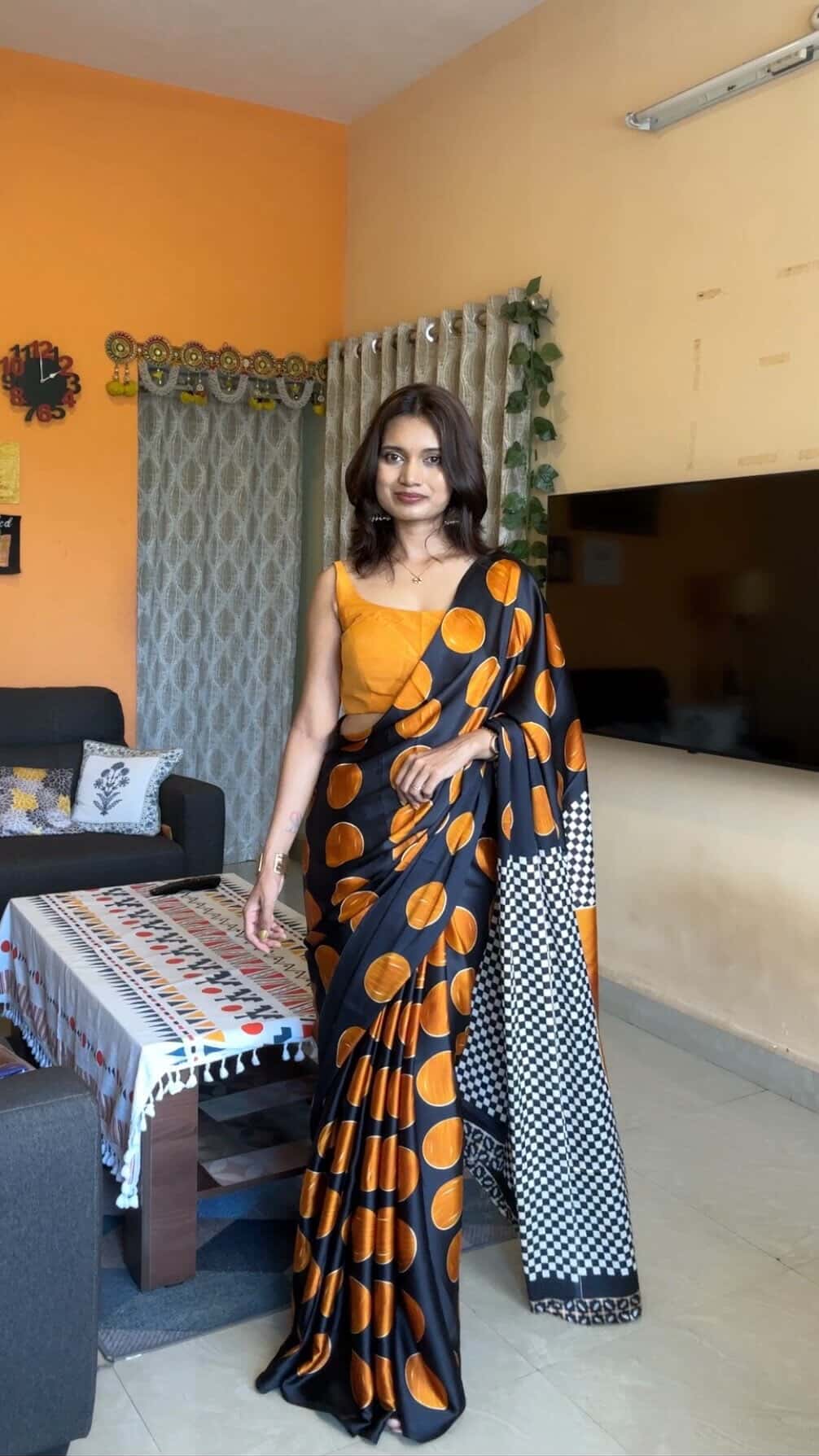 MySilkLove Neon Orange Printed Polka Dots Satin Crepe Saree