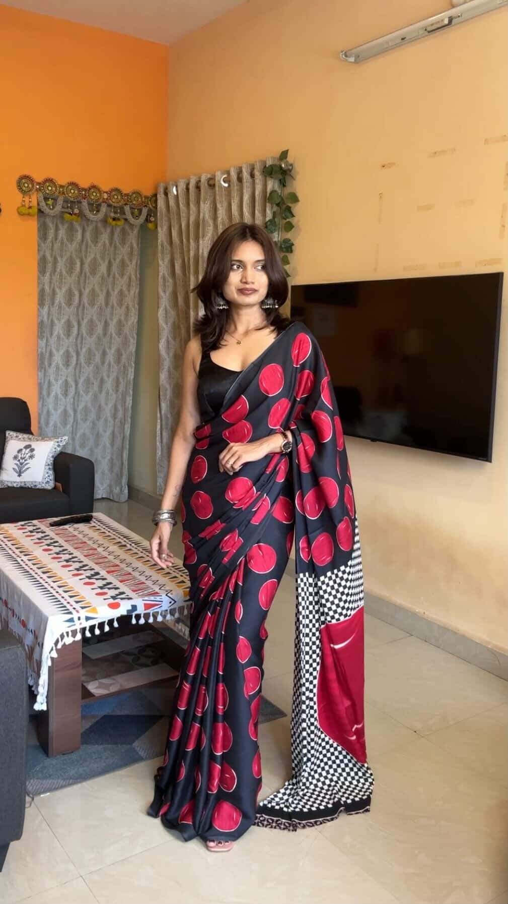 Buy MySilkLove Carlo Red Printed Polka Dots Satin Crepe Saree Online