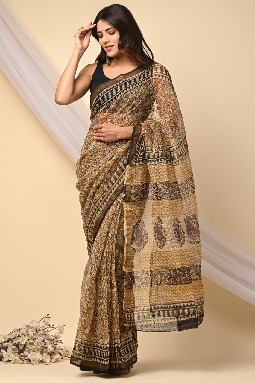 Buy MySilkLove Muddy Waters Brown Handblock Kota Doriya Saree Online